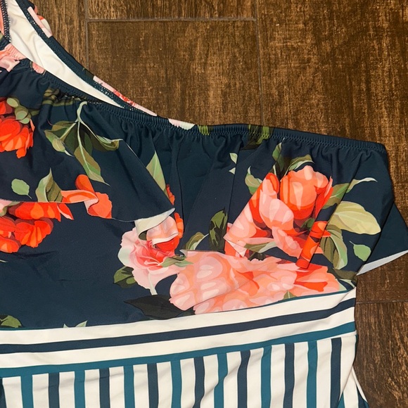 Floral & Stripe One Piece Swimsuit Large Dark Teal Ruffle Shoulder - Picture 3 of 7